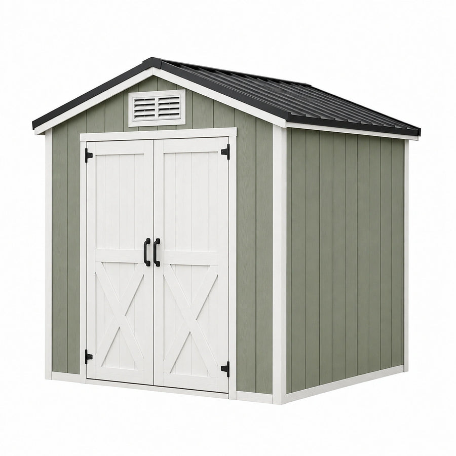 Abri de jardin 213 x 127 x 190 cm en résine vert sauge blanc rangement extérieur à double porte