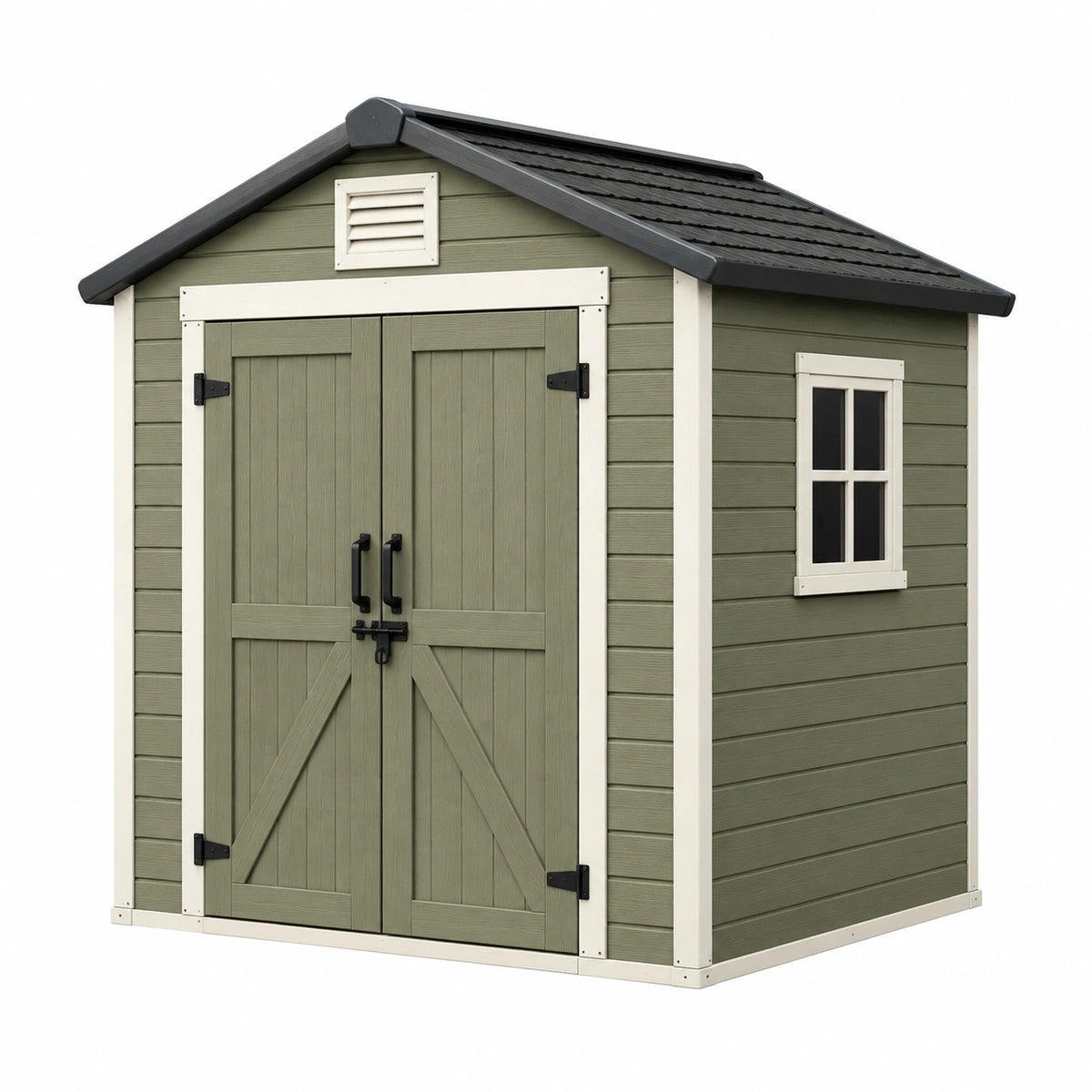 Abri de jardin 180 x 120 x 190 cm en résine vert kaki avec double porte style chalet
