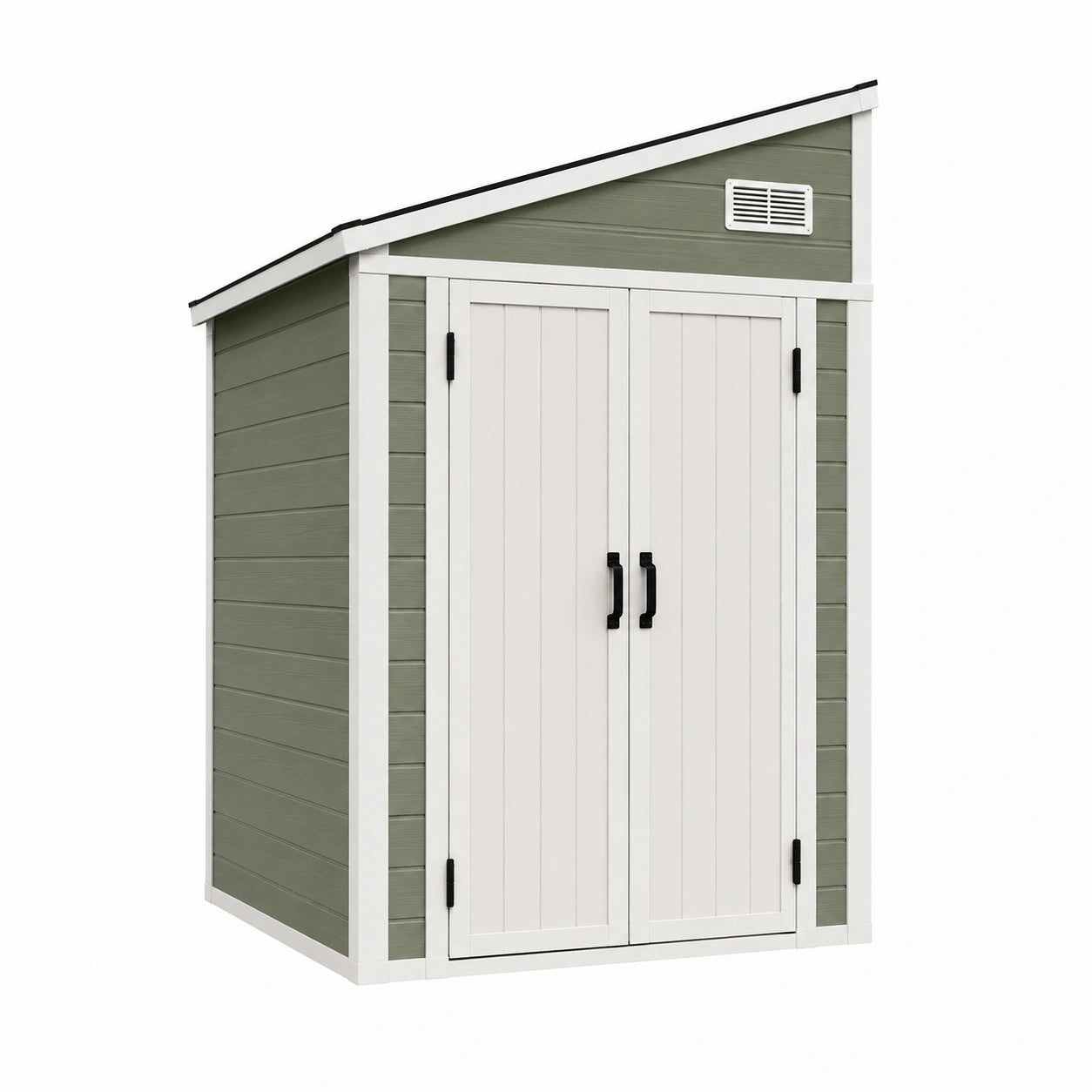 Abri de jardin 130 x 70 x 180 cm en résine vert sauge et blanc avec portes doubles