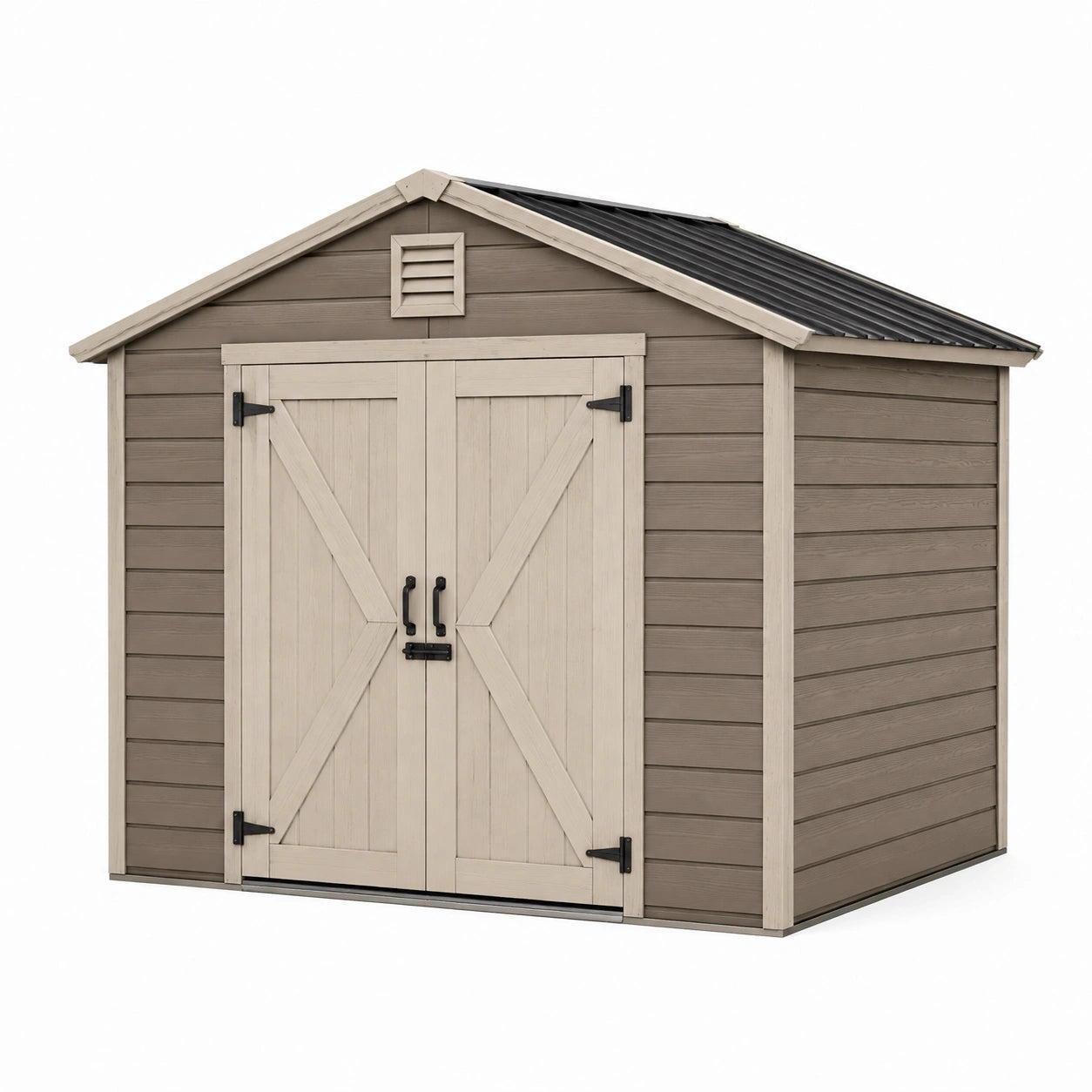 Abri de jardin 214 x 132 x 189 cm en résine taupe avec double porte et toit incliné