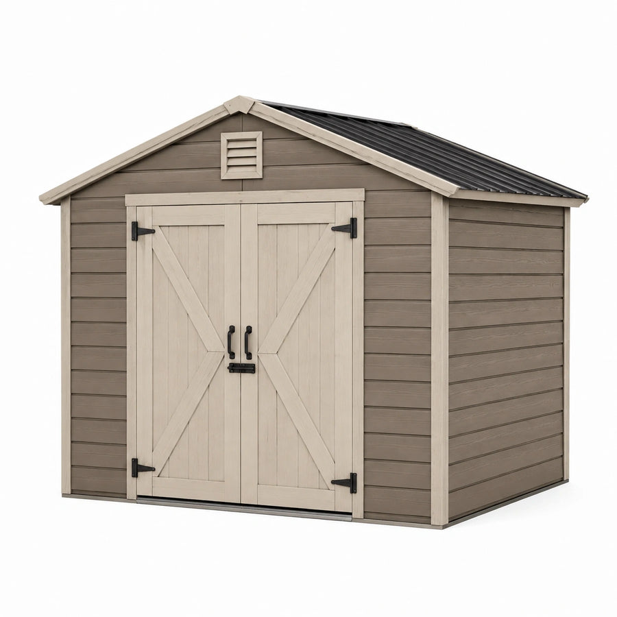 Abri de jardin 214 x 132 x 189 cm en résine taupe avec double porte et toit incliné