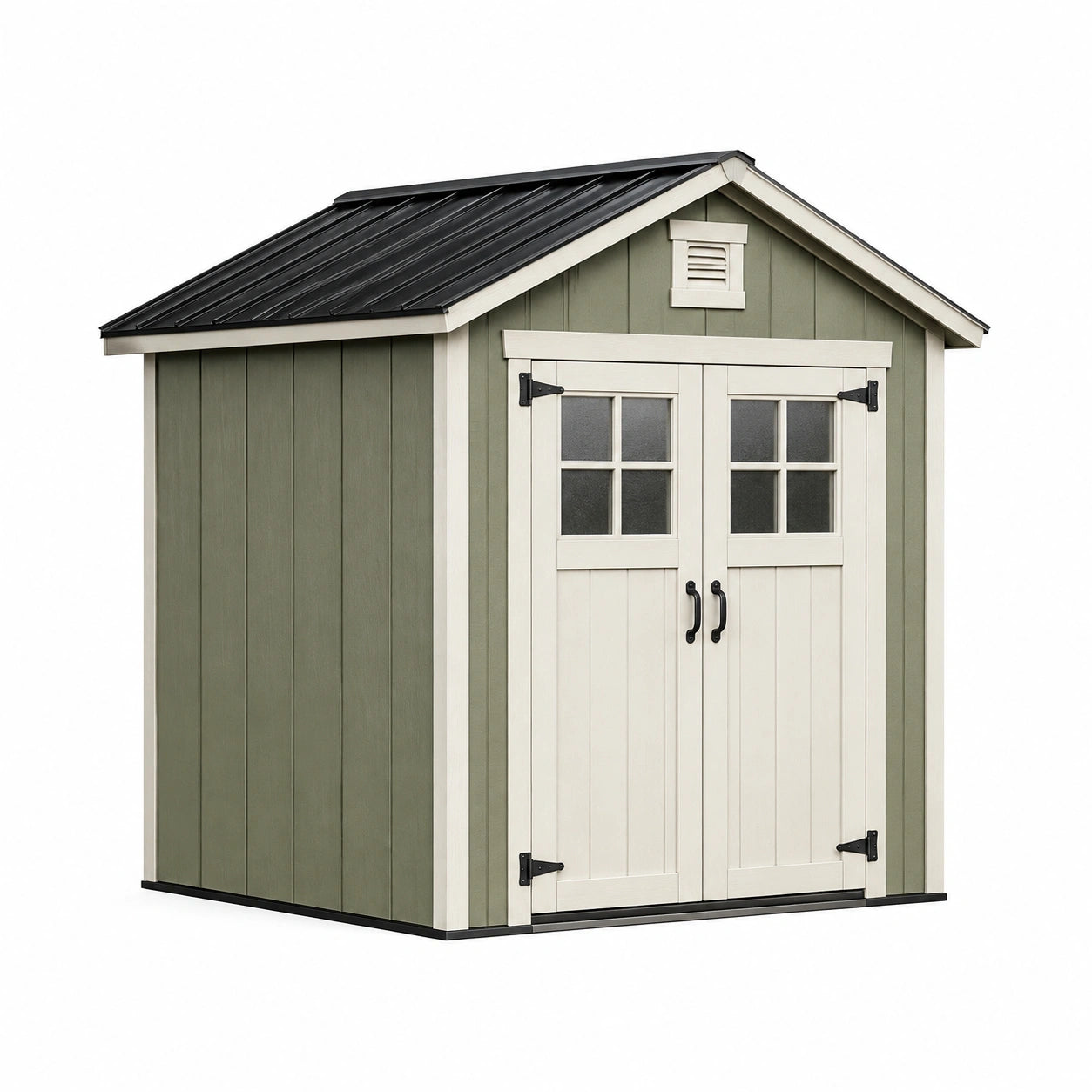 Abri de jardin 183 x 183 x 210 cm en résine vert sauge et crème avec toit incliné
