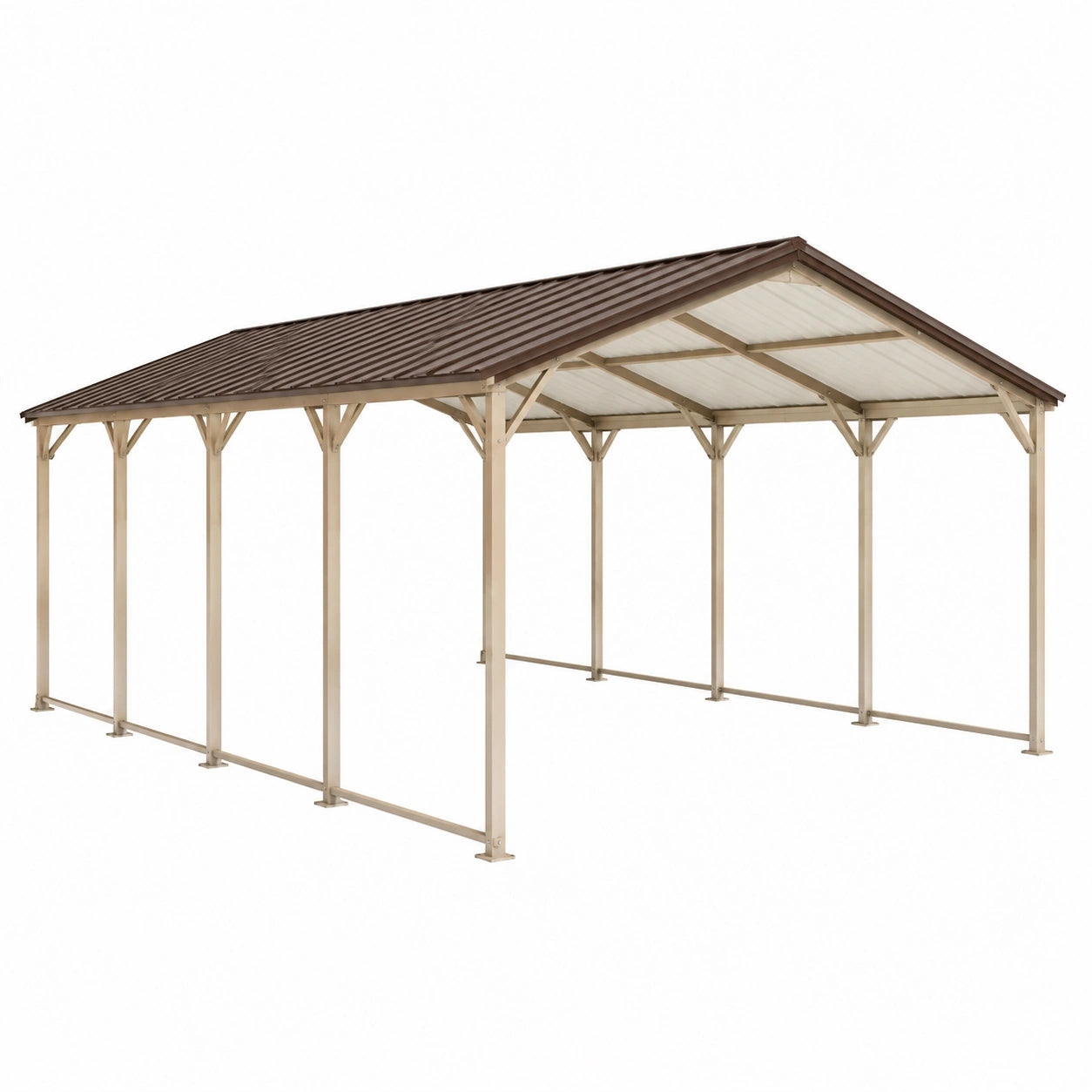 Carport 600 x 300 x 270 cm en acier beige et marron à toit à deux pentes
