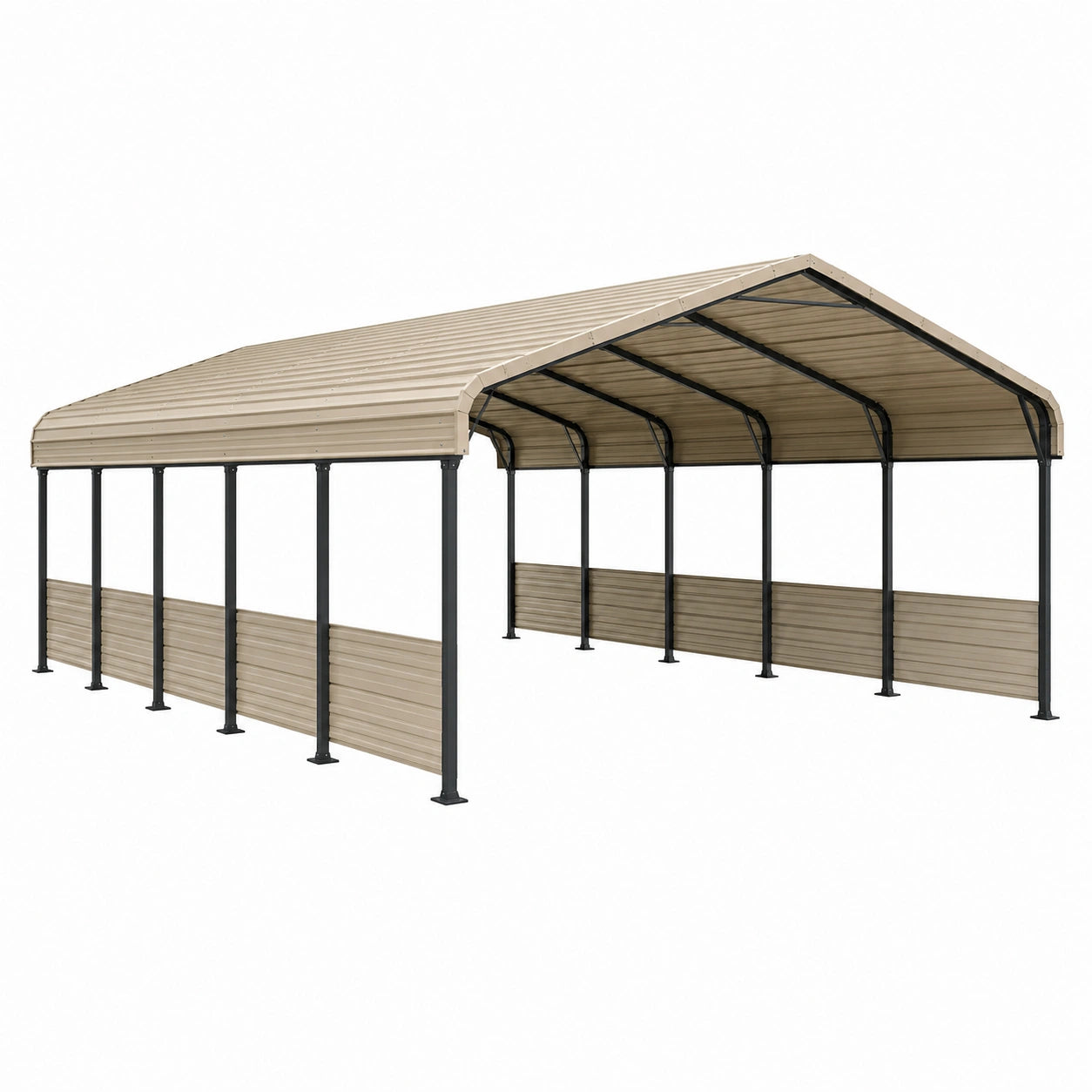 Abri voiture 610 x 370 x 290 cm en acier beige et noir à toit double pente
