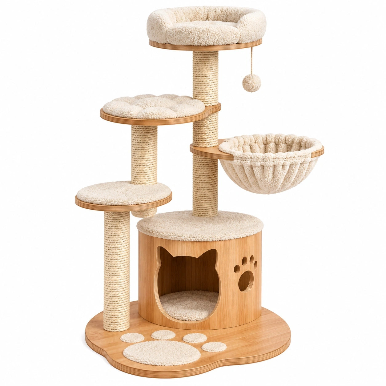 Arbre à chat 60 x 60 x 140 cm en bois beige avec griffoirs et niches