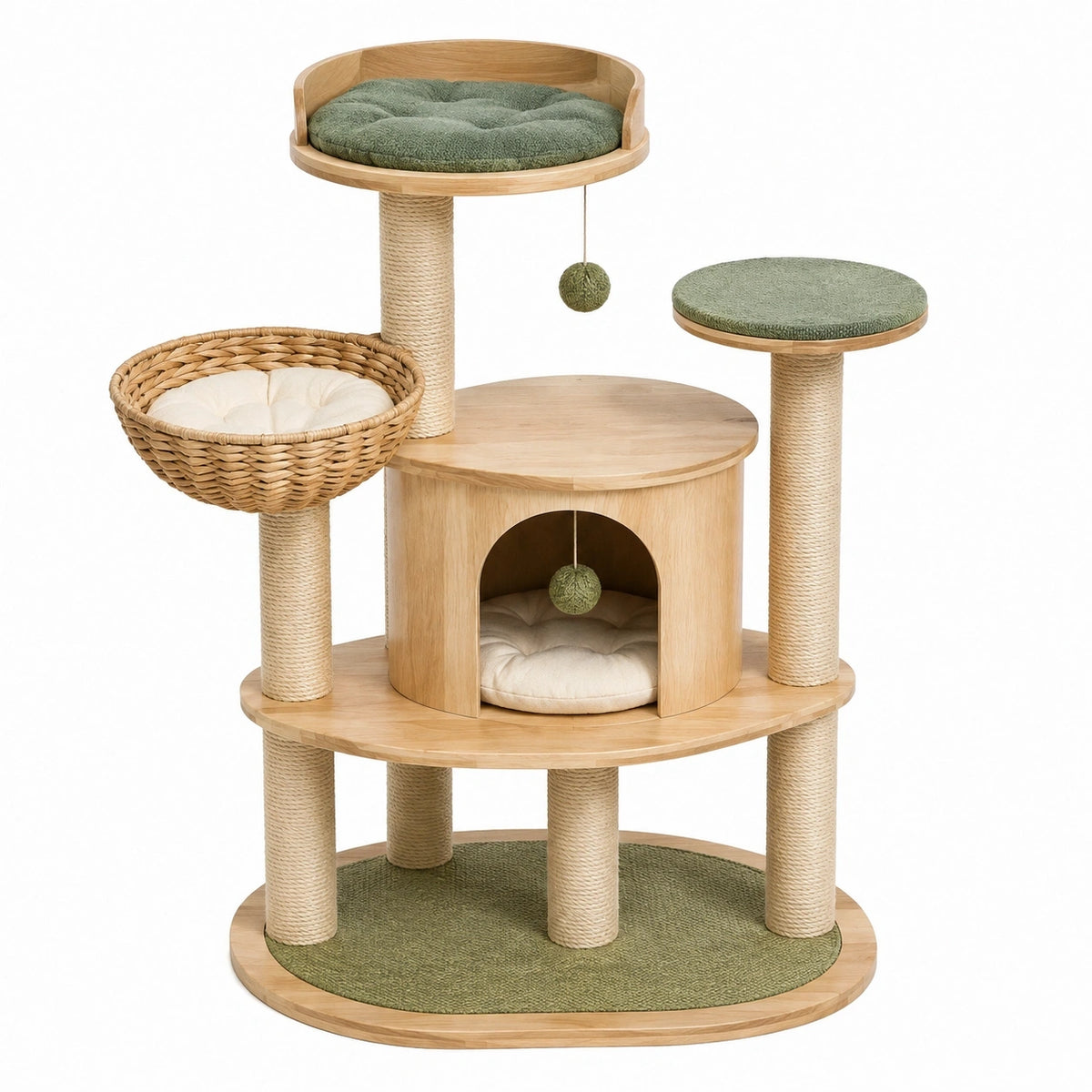 Arbre à chat 80 x 60 x 130 cm en bois naturel vert avec griffoirs et niches
