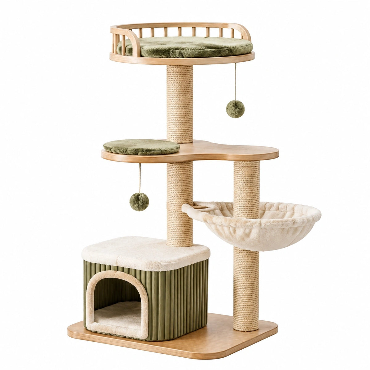 Arbre à chat 60 x 50 x 145 cm en bois beige et vert avec griffoirs en sisal