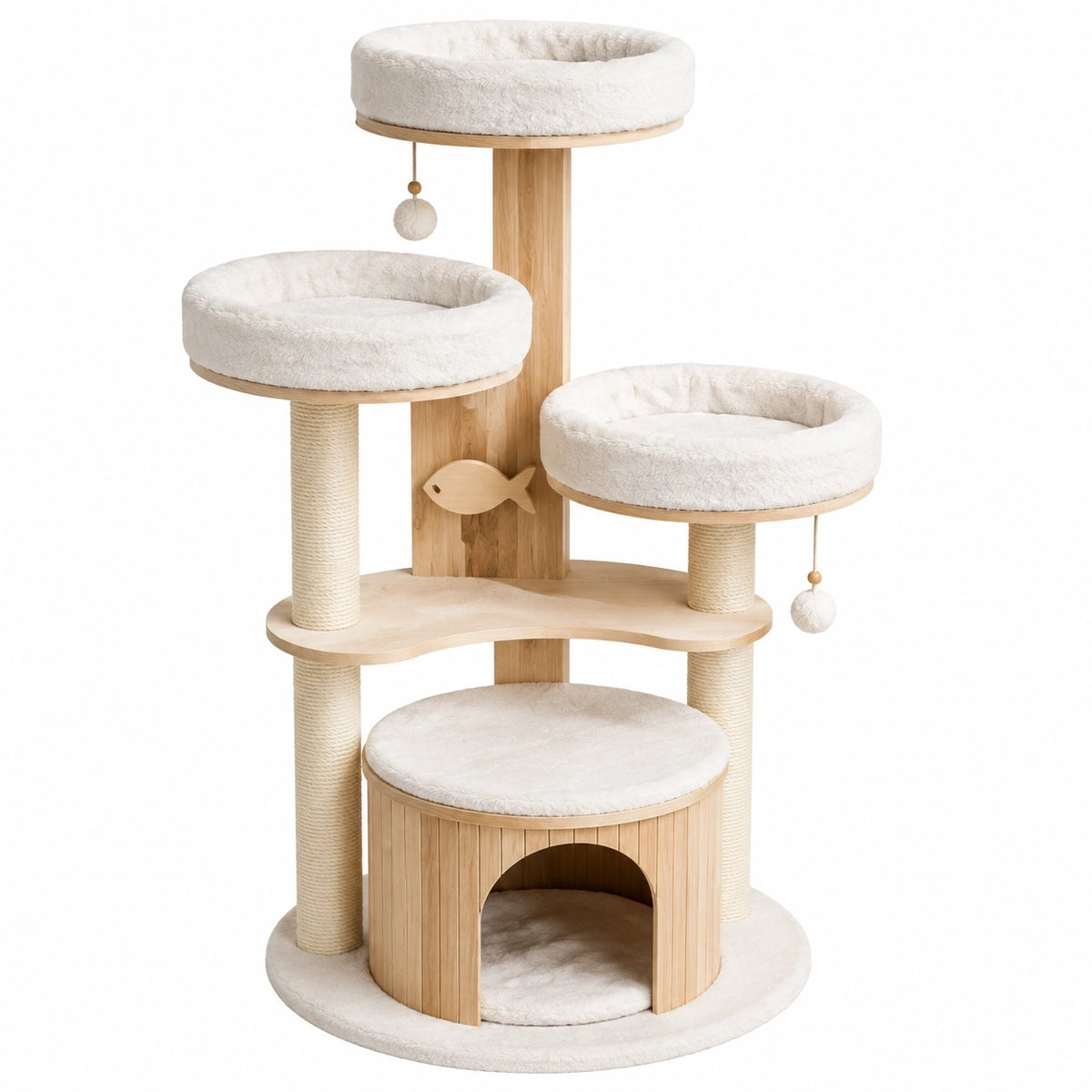 Arbre à chat 60 x 60 x 145 cm en bois beige avec plateformes griffoirs et niche
