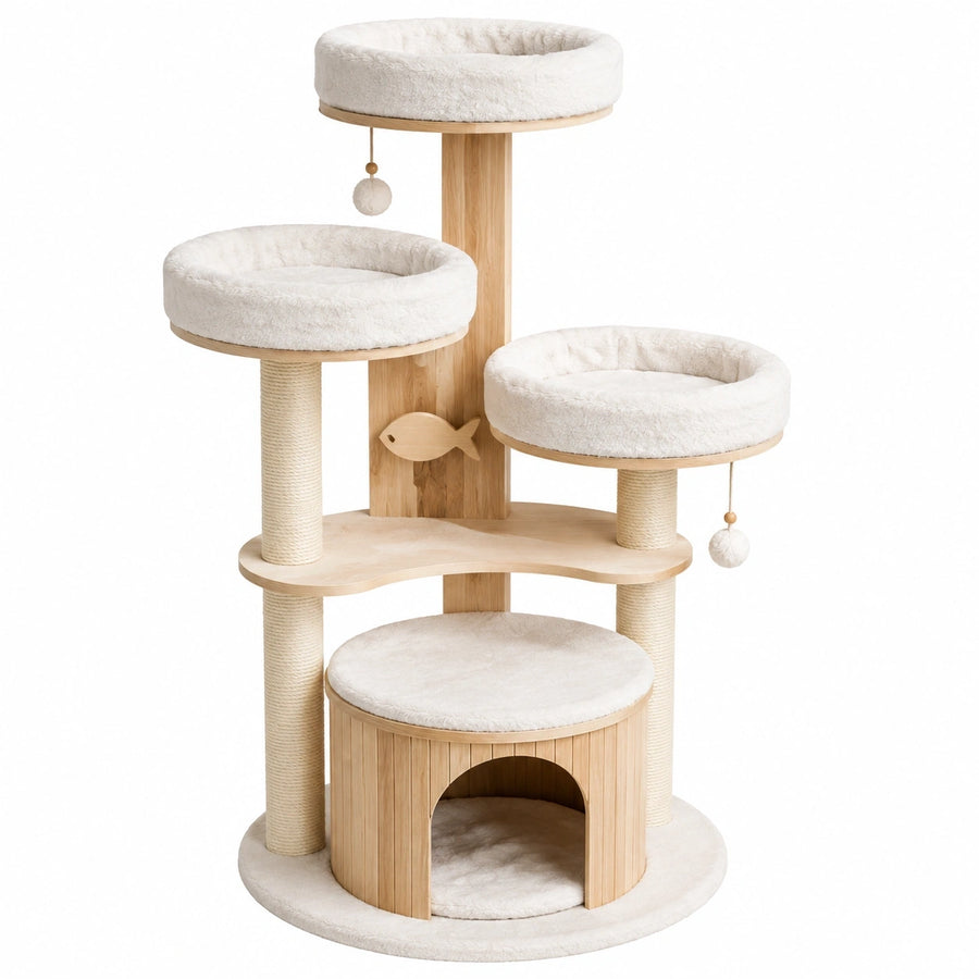 Arbre à chat 60 x 60 x 145 cm en bois beige avec plateformes griffoirs et niche
