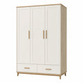 Armoire 120 x 52 x 190 cm en panneaux de bois blanc/chêne pour chambre style scandinave avec 3 portes et 2 tiroirs