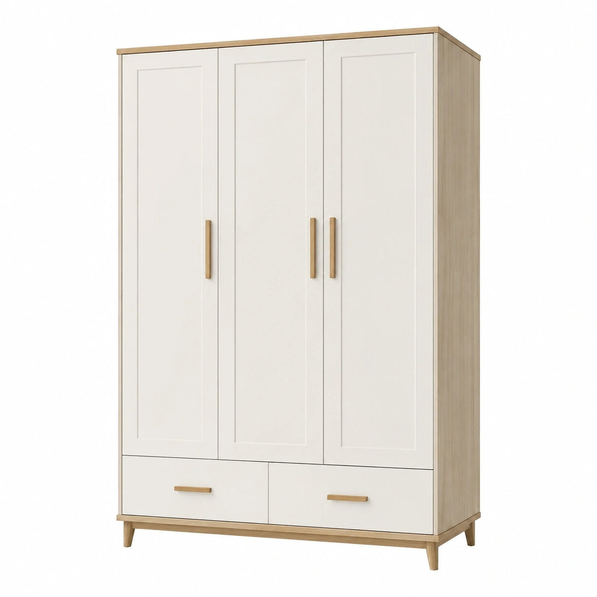 Armoire 120 x 52 x 190 cm en panneaux de bois blanc/chêne pour chambre style scandinave avec 3 portes et 2 tiroirs