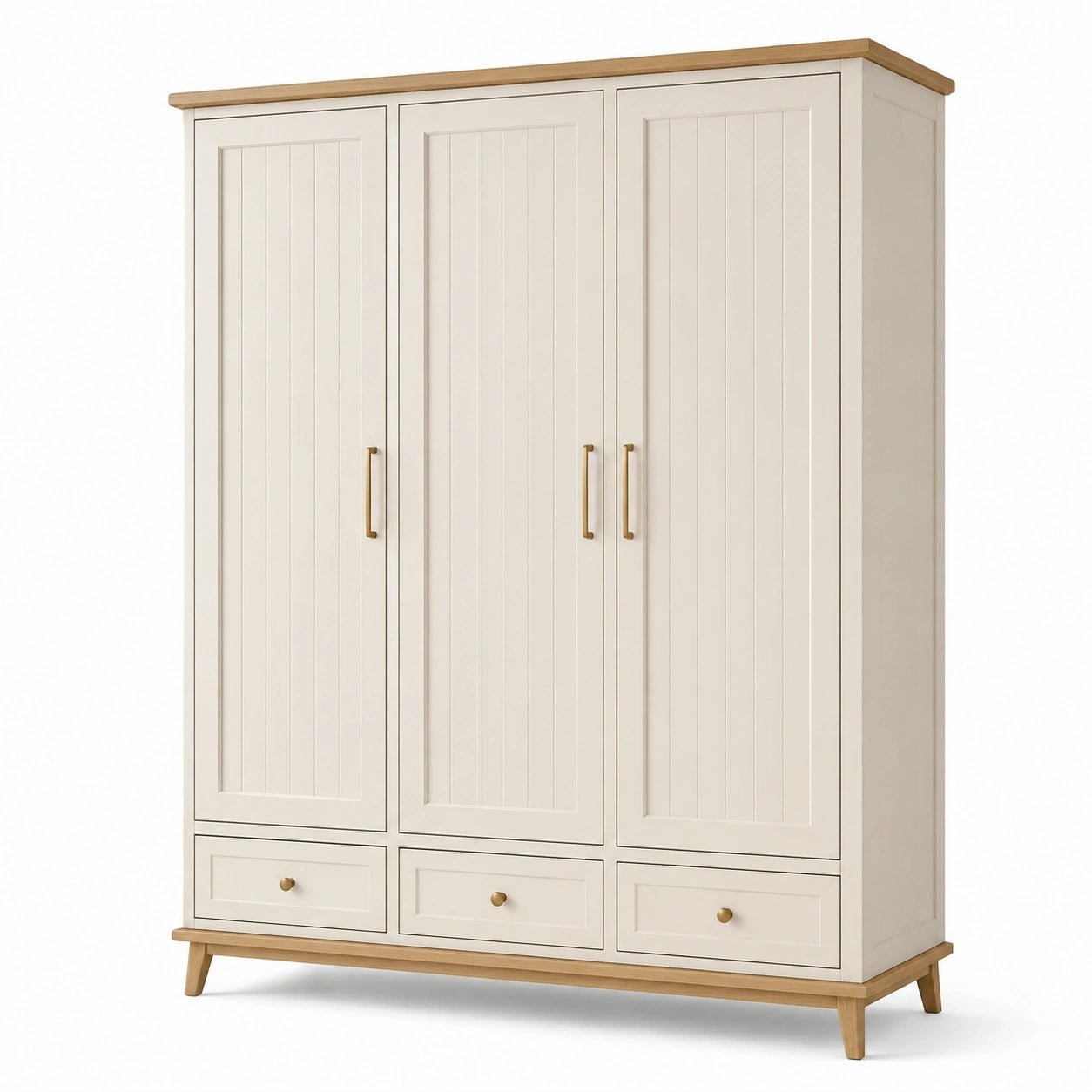 Armoire 3 portes 150 x 55 x 200 cm en bois blanc et naturel avec tiroirs style campagne