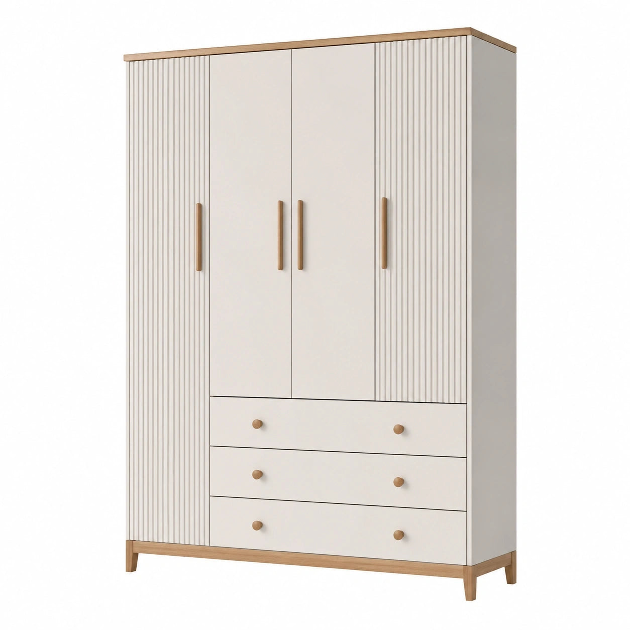 Armoire 120 x 52 x 200 cm en panneaux de bois blanc et bois naturel à 4 portes 3 tiroirs style scandinave