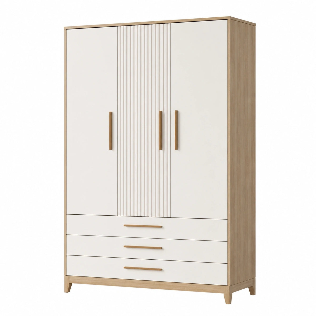 Armoire 3 portes 3 tiroirs 120 x 55 x 200 cm blanc et bois rangement moderne