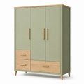 Armoire 3 portes 120 x 55 x 190 cm en panneaux de bois vert sauge et décor chêne style scandinave avec tiroirs