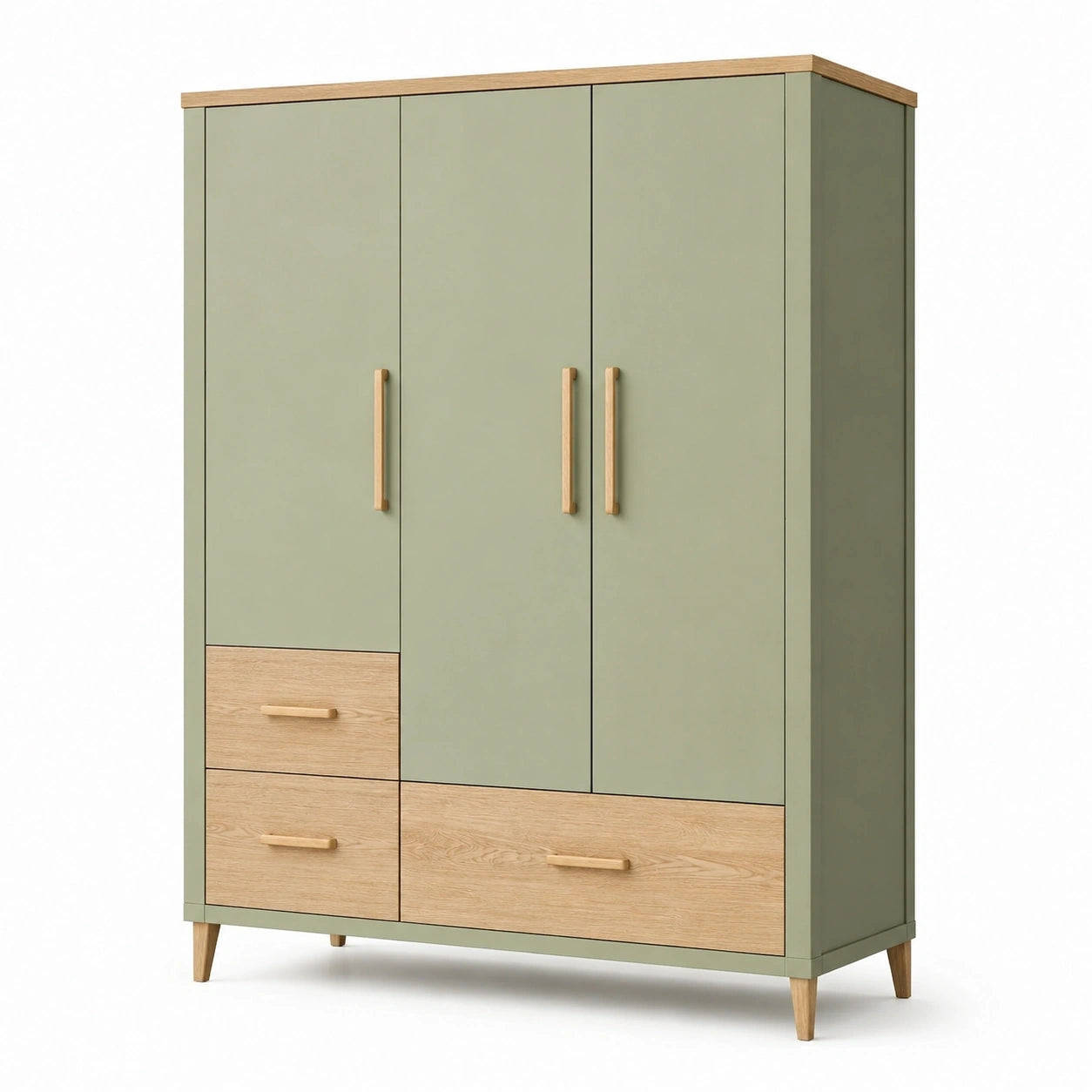 Armoire 3 portes 120 x 55 x 190 cm en panneaux de bois vert sauge et décor chêne style scandinave avec tiroirs