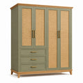 Armoire 180 x 60 x 200 cm vert olive en bois avec cannage et 4 portes