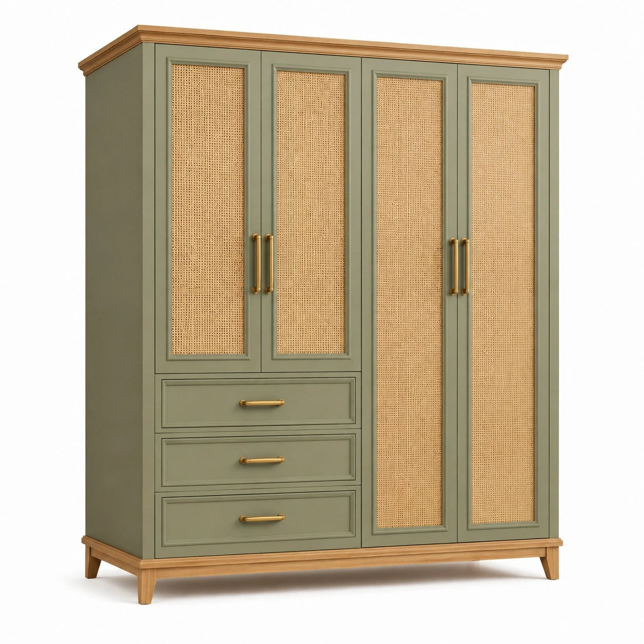 Armoire 180 x 60 x 200 cm vert olive en bois avec cannage et 4 portes